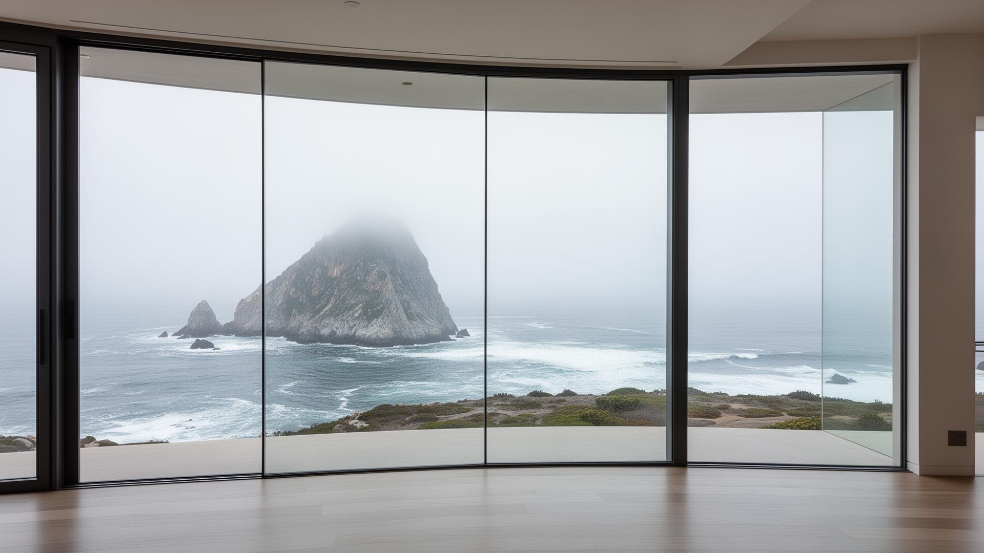 Morro Rock viewed through a frameless floor-to-ceiling glass wall in a coastal home