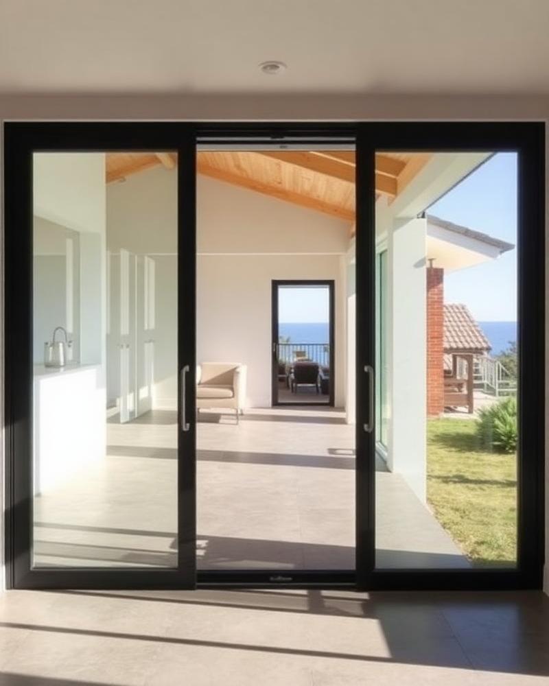 Modern multi-panel sliding glass doors opening to a coastal home
